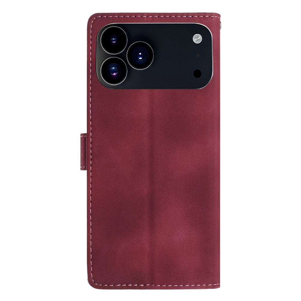 For iPhone 17 Pro Max Wallet Case Rose Pattern Imprinted Leather Flip Stand Phone Cover with Strap - Red