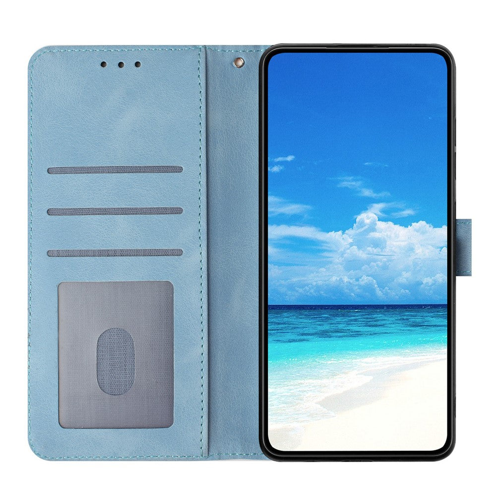 For iPhone 17 Pro Max Wallet Case Rose Pattern Imprinted Leather Flip Stand Phone Cover with Strap - Sky Blue