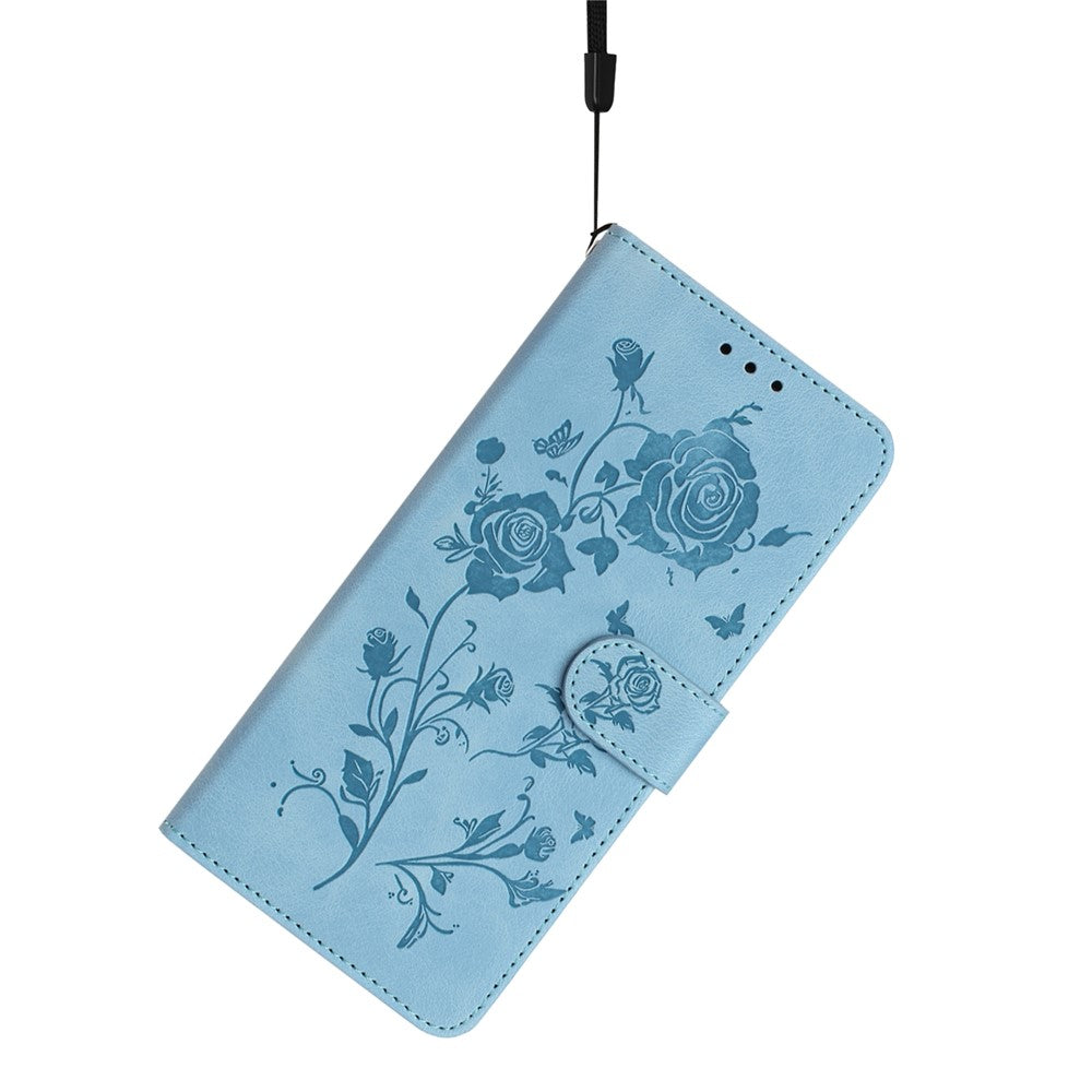 For iPhone 17 Pro Max Wallet Case Rose Pattern Imprinted Leather Flip Stand Phone Cover with Strap - Sky Blue