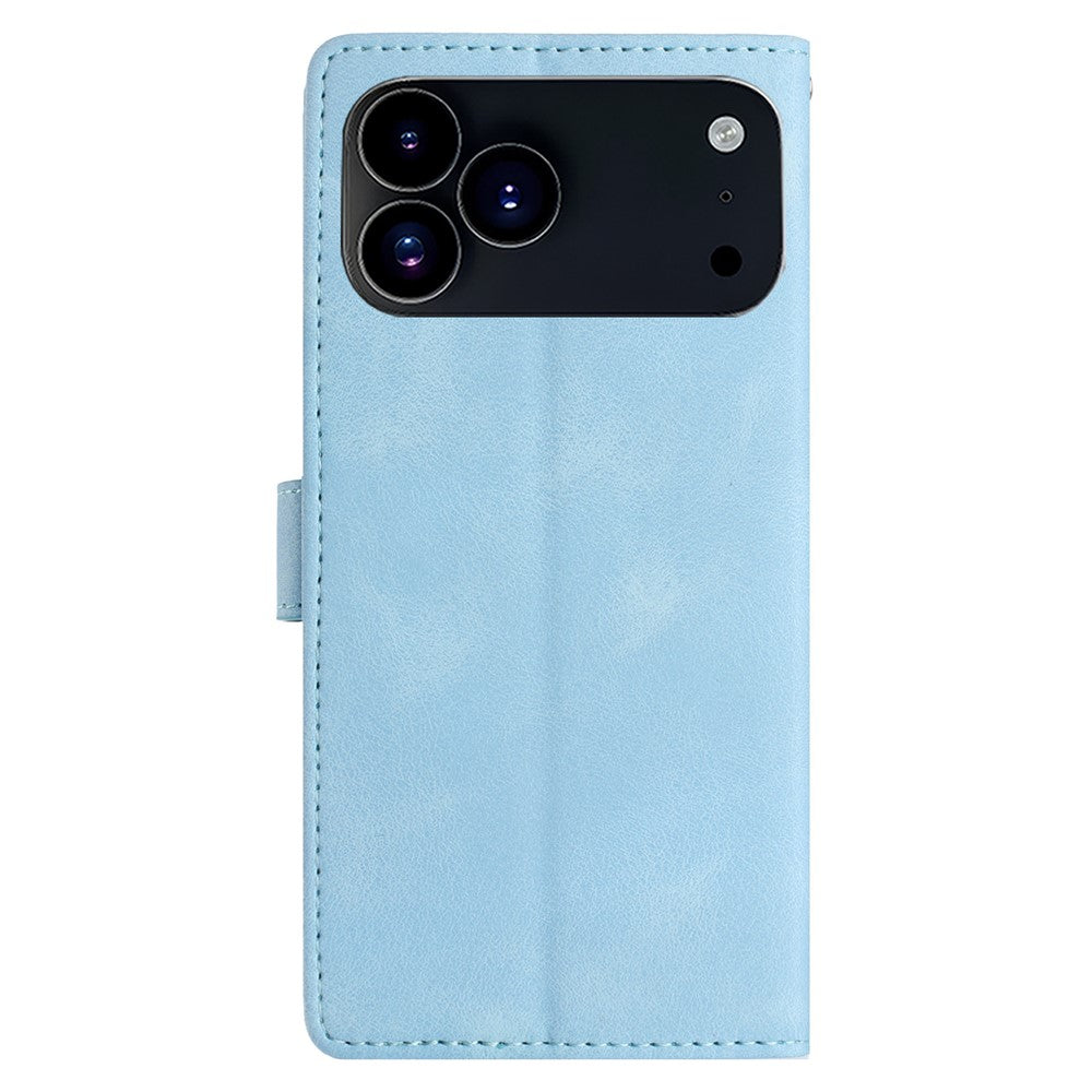 For iPhone 17 Pro Max Wallet Case Rose Pattern Imprinted Leather Flip Stand Phone Cover with Strap - Sky Blue