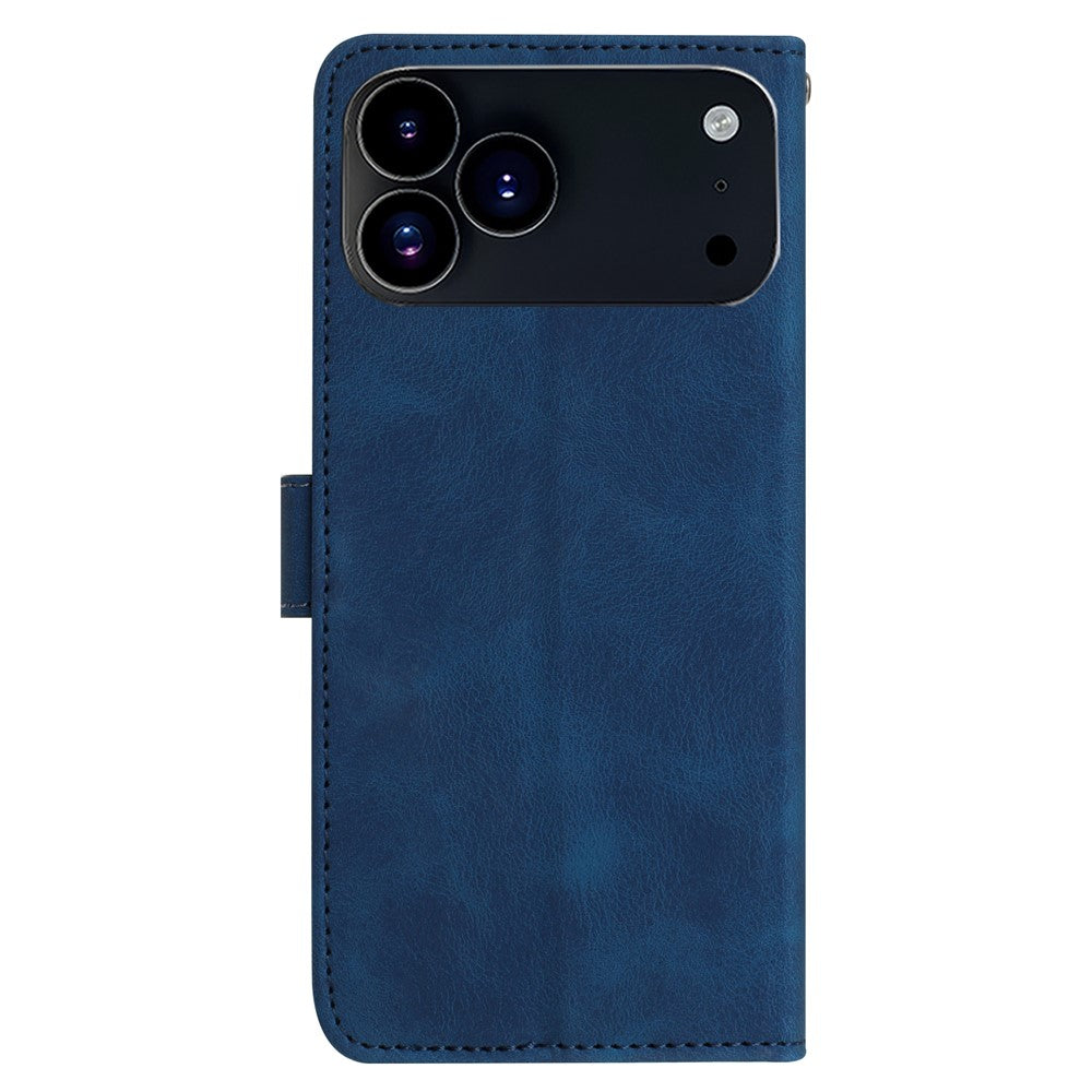 For iPhone 17 Pro Max Wallet Case Rose Pattern Imprinted Leather Flip Stand Phone Cover with Strap - Dark Blue