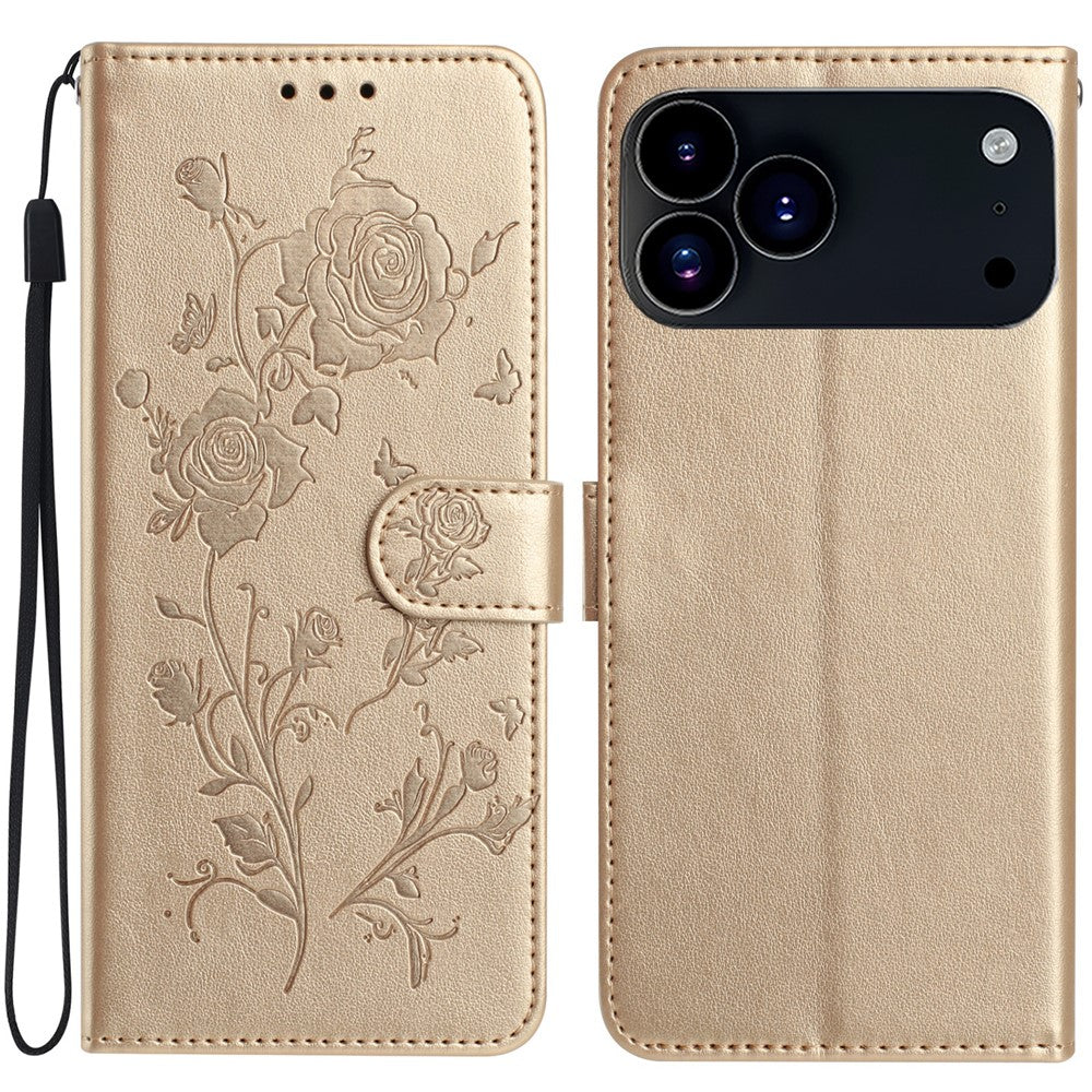 For iPhone 17 Pro Max Wallet Case Rose Pattern Imprinted Leather Flip Stand Phone Cover with Strap - Gold