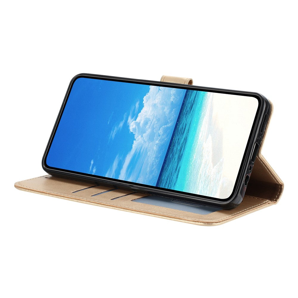 For iPhone 17 Pro Max Wallet Case Rose Pattern Imprinted Leather Flip Stand Phone Cover with Strap - Gold