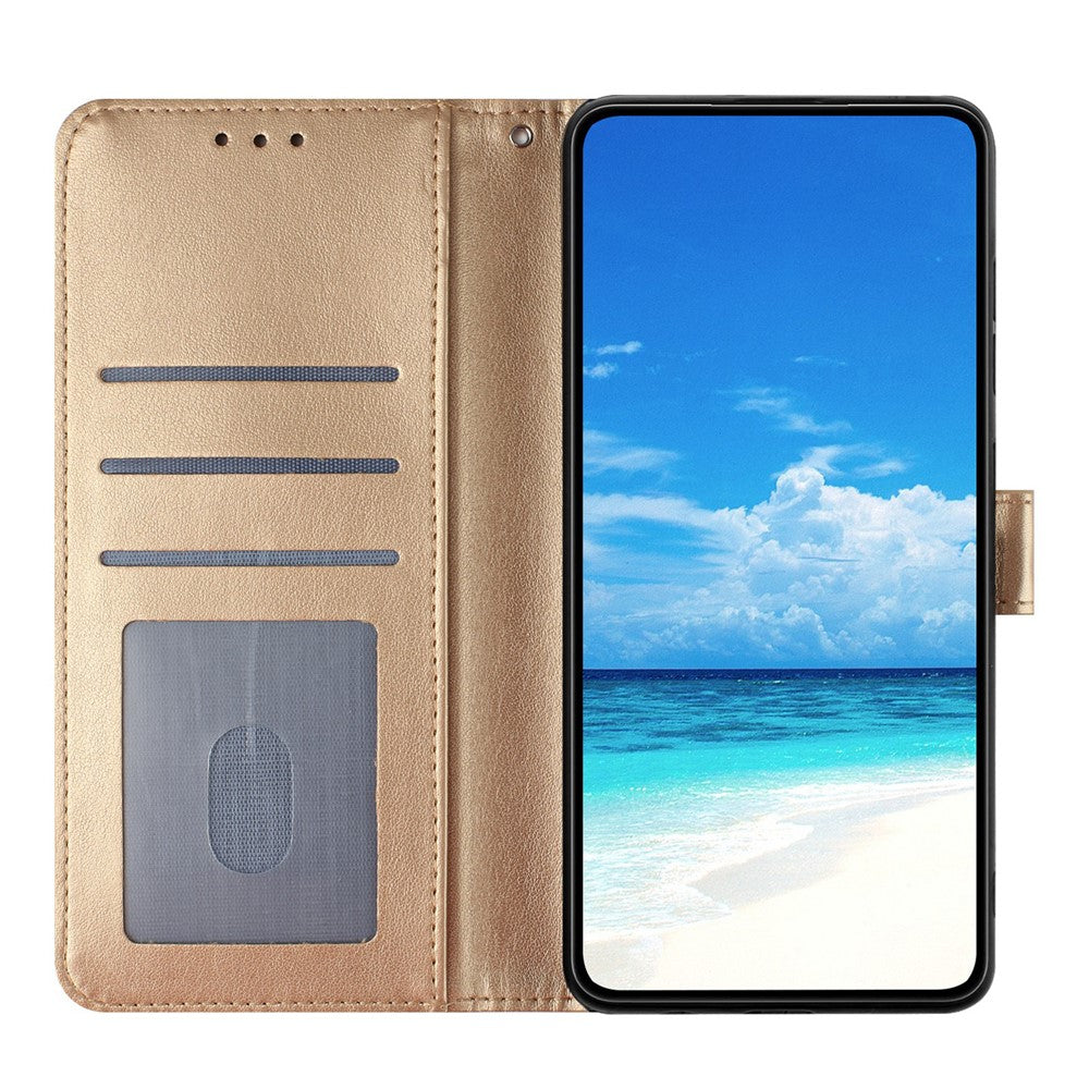 For iPhone 17 Pro Max Wallet Case Rose Pattern Imprinted Leather Flip Stand Phone Cover with Strap - Gold