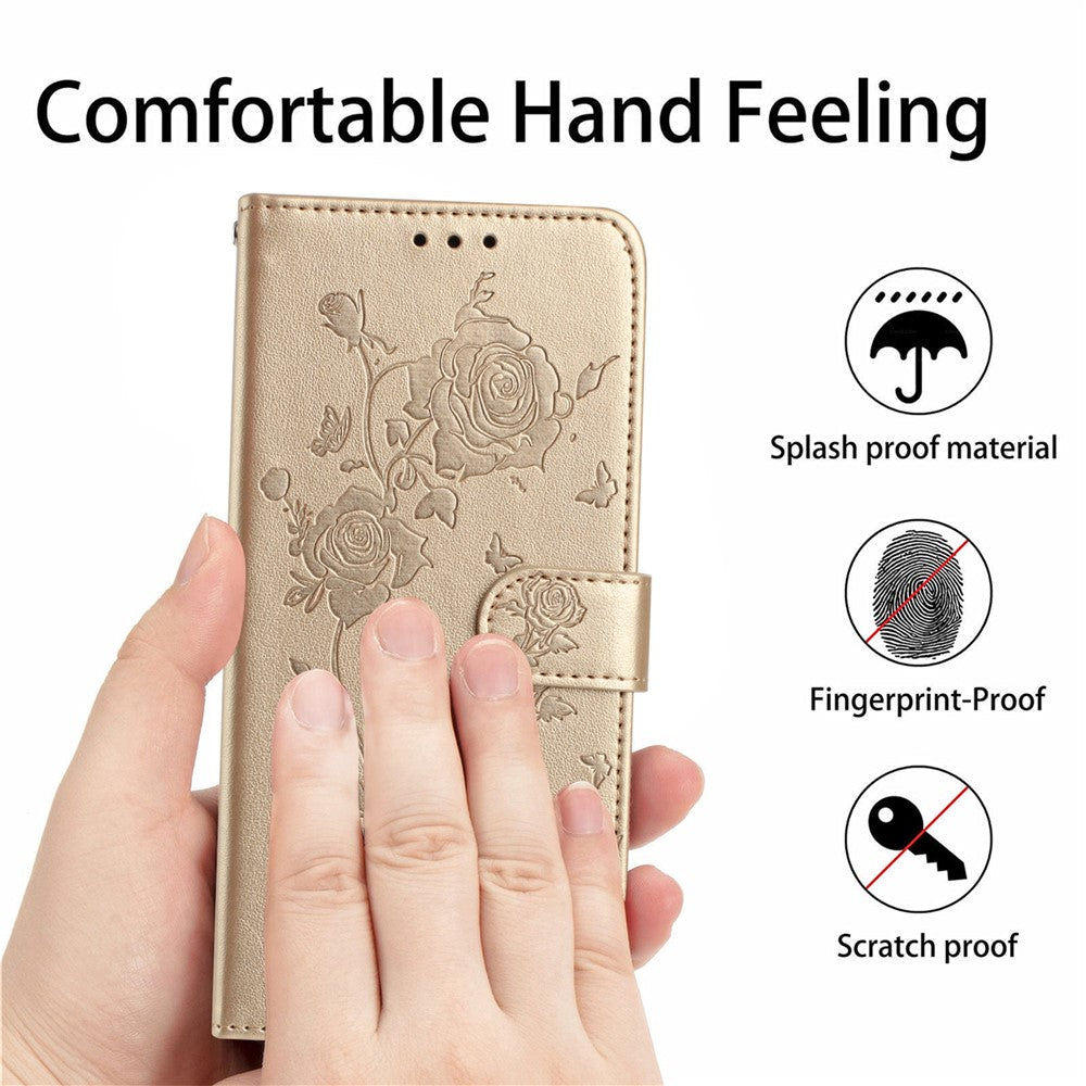 For iPhone 17 Pro Max Wallet Case Rose Pattern Imprinted Leather Flip Stand Phone Cover with Strap - Gold