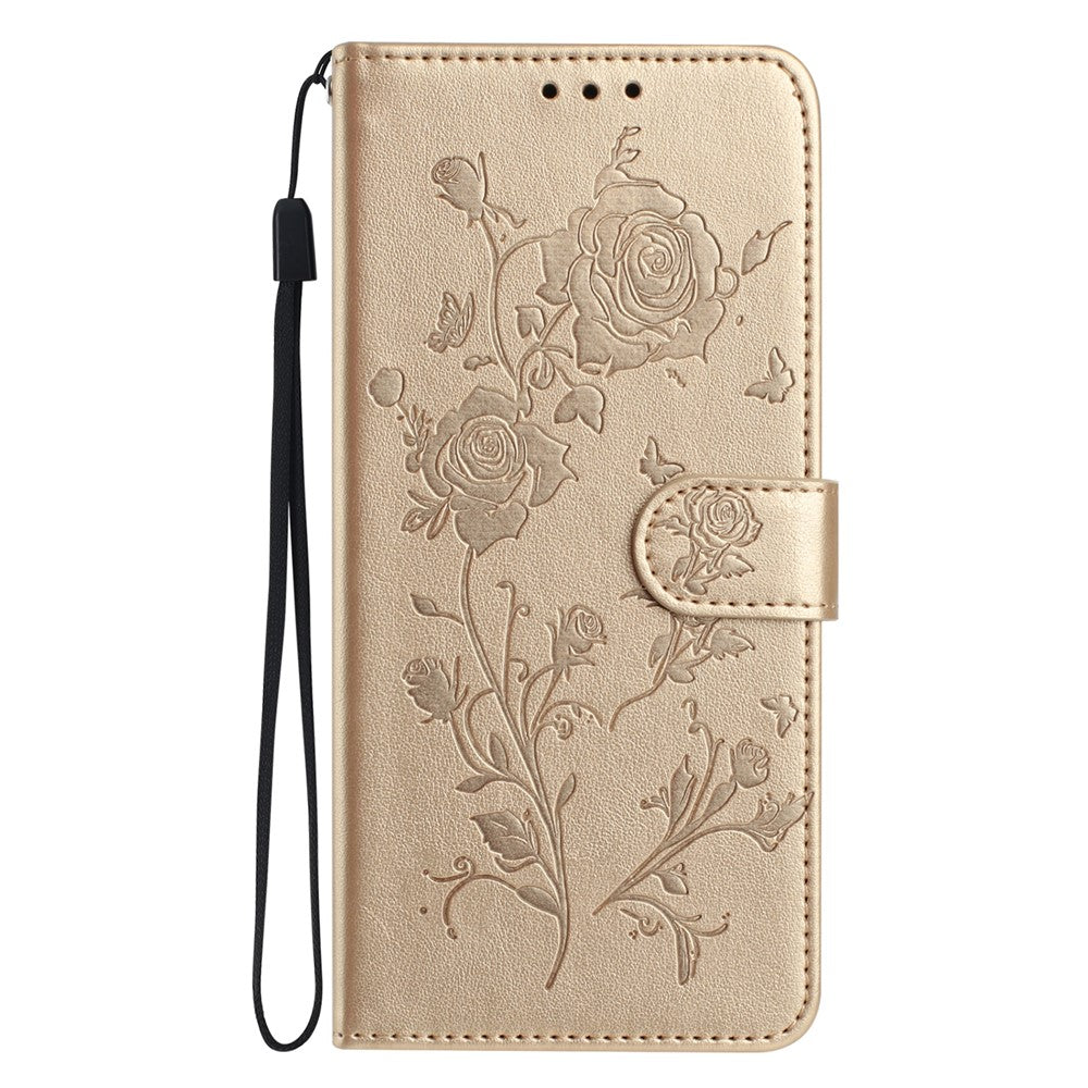 For iPhone 17 Pro Max Wallet Case Rose Pattern Imprinted Leather Flip Stand Phone Cover with Strap - Gold