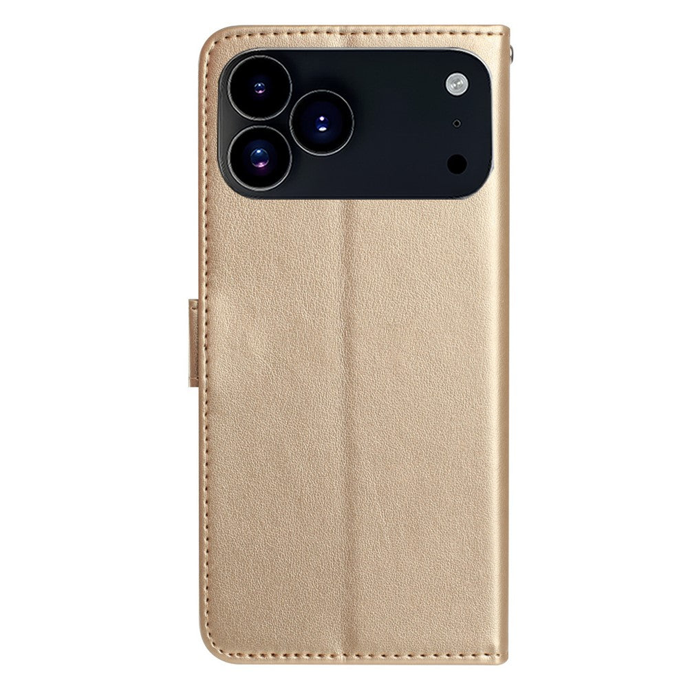 For iPhone 17 Pro Max Wallet Case Rose Pattern Imprinted Leather Flip Stand Phone Cover with Strap - Gold