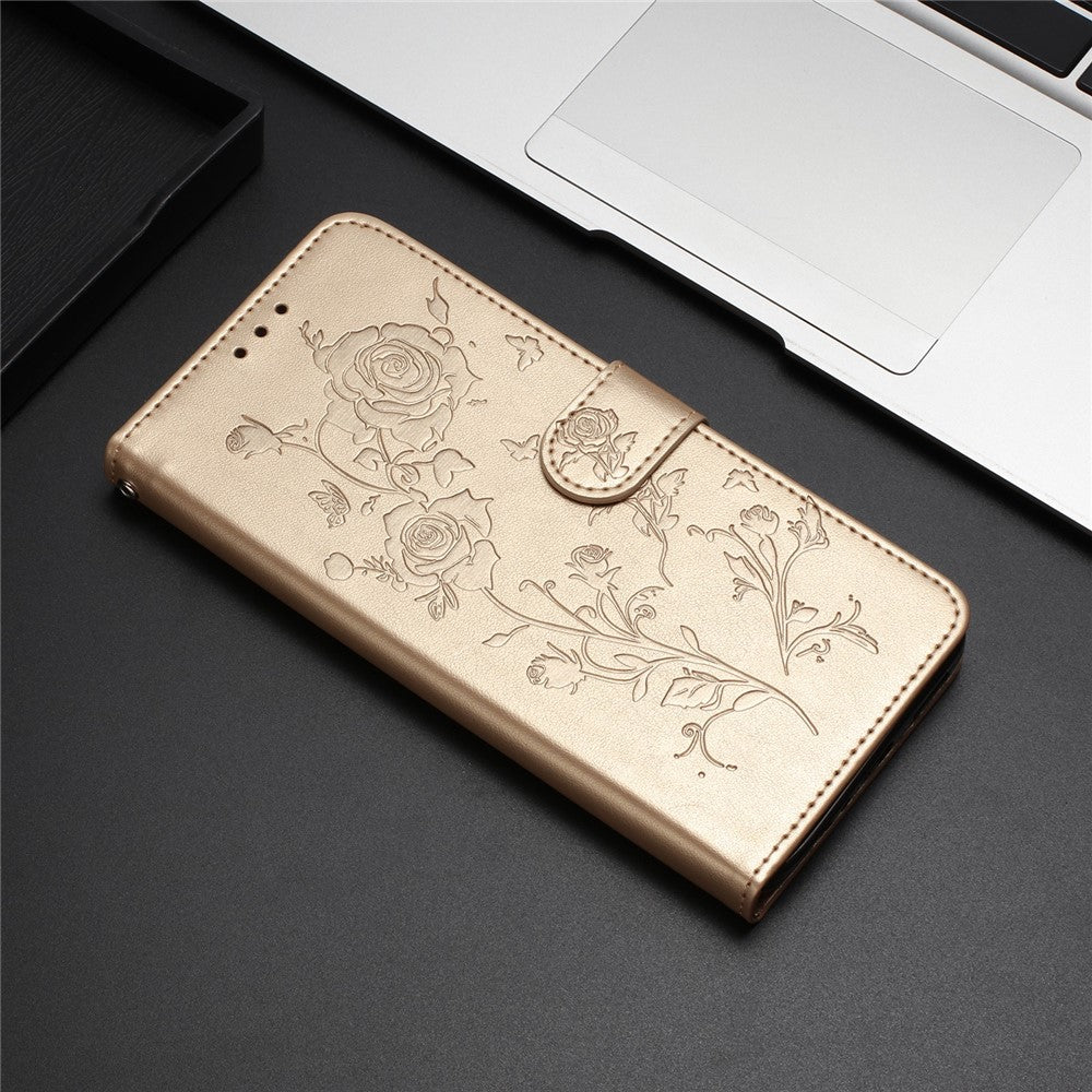 For iPhone 17 Pro Max Wallet Case Rose Pattern Imprinted Leather Flip Stand Phone Cover with Strap - Gold