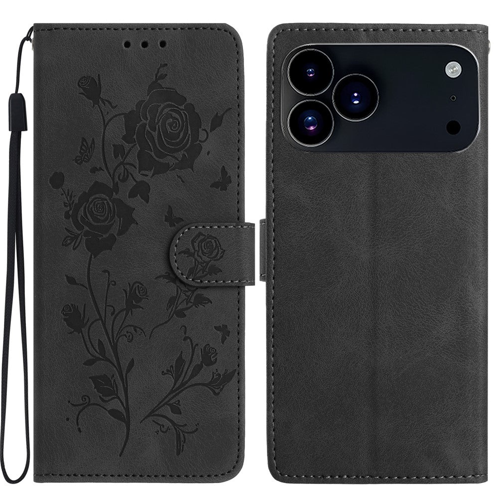 For iPhone 17 Pro Max Wallet Case Rose Pattern Imprinted Leather Flip Stand Phone Cover with Strap - Black