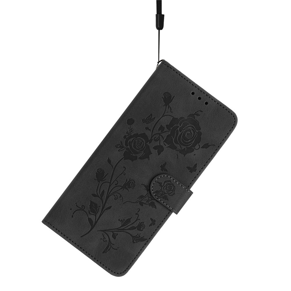 For iPhone 17 Pro Max Wallet Case Rose Pattern Imprinted Leather Flip Stand Phone Cover with Strap - Black
