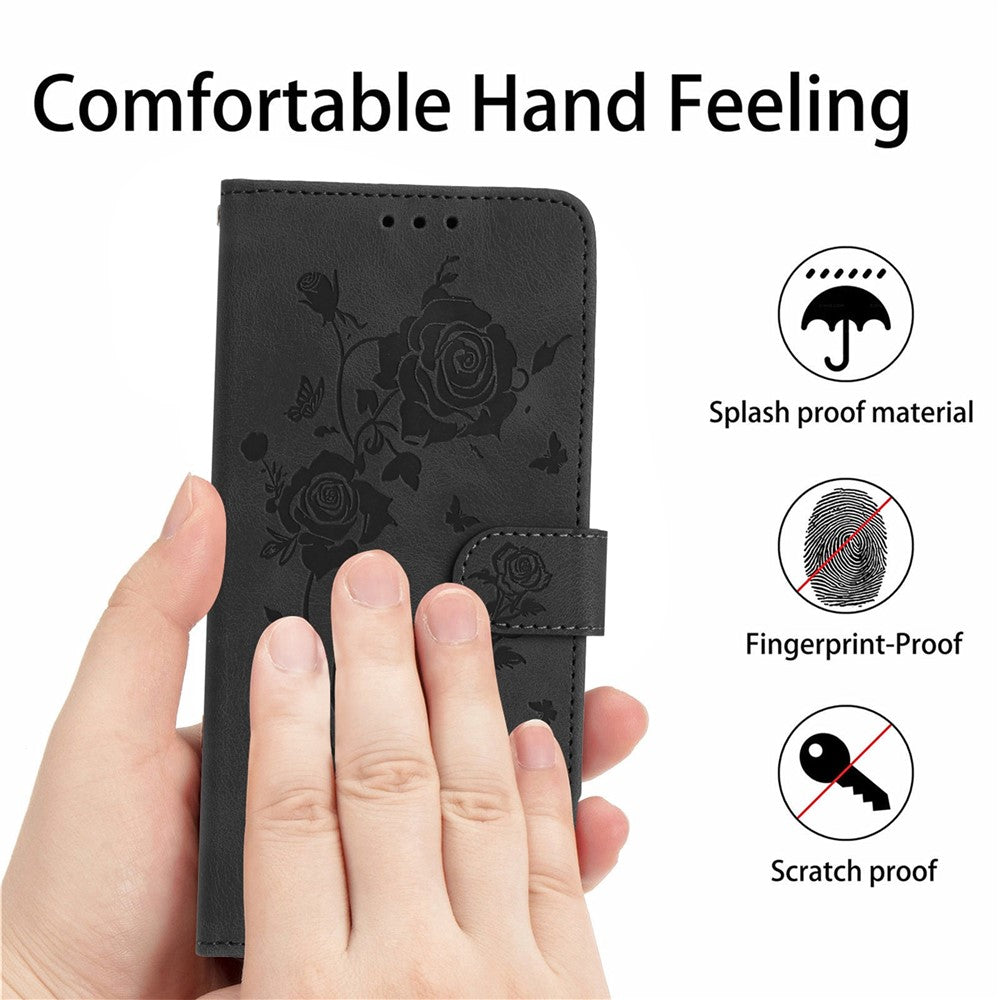 For iPhone 17 Pro Max Wallet Case Rose Pattern Imprinted Leather Flip Stand Phone Cover with Strap - Black