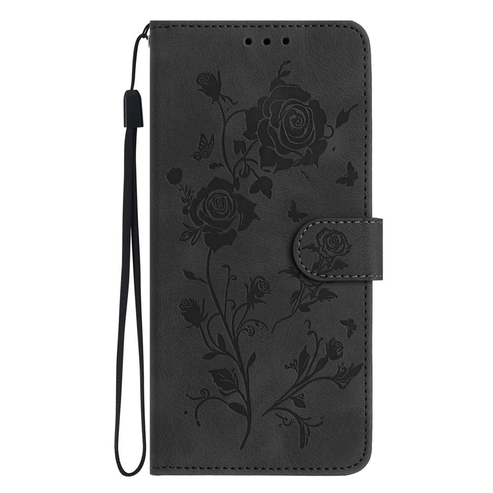 For iPhone 17 Pro Max Wallet Case Rose Pattern Imprinted Leather Flip Stand Phone Cover with Strap - Black