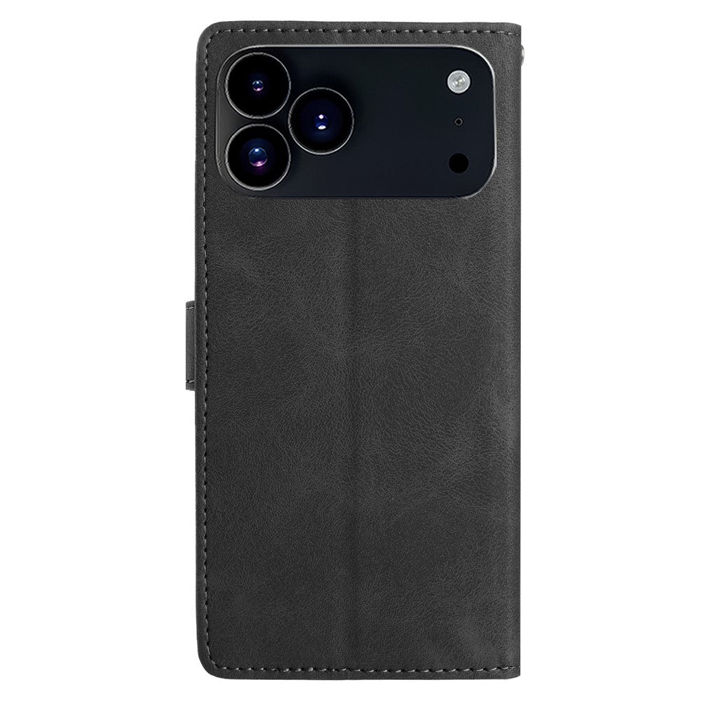 For iPhone 17 Pro Max Wallet Case Rose Pattern Imprinted Leather Flip Stand Phone Cover with Strap - Black