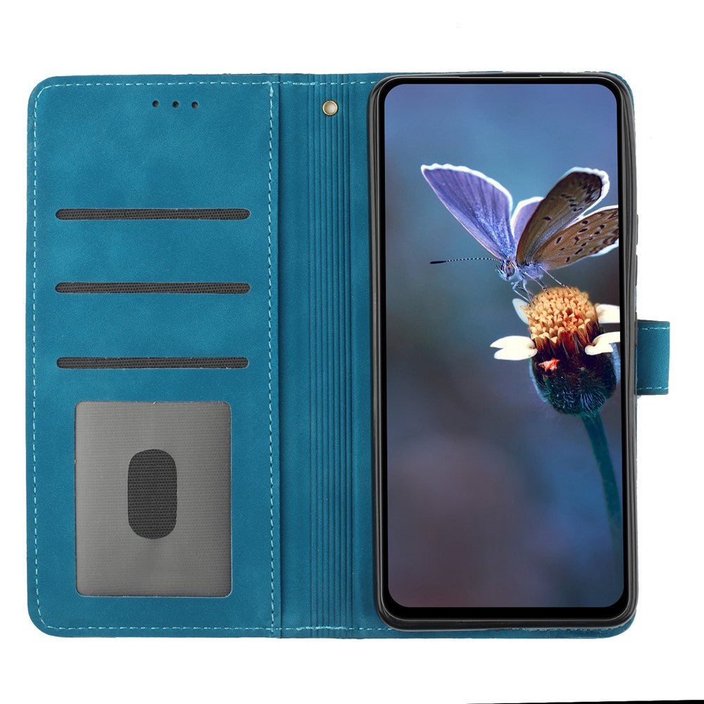 For iPhone 17 Pro Max Case Flower Design Leather Wallet Phone Cover with Wrist Strap - Blue