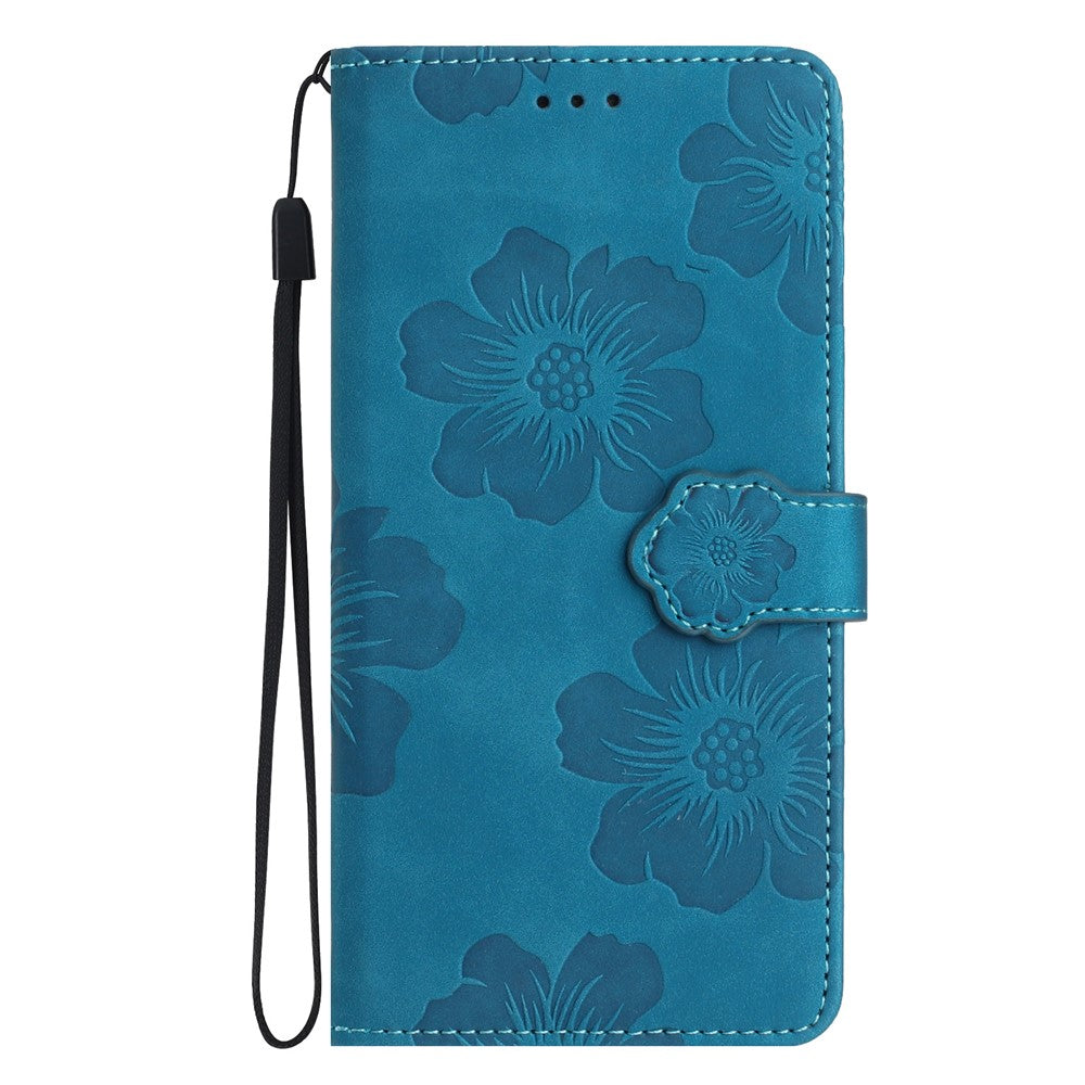 For iPhone 17 Pro Max Case Flower Design Leather Wallet Phone Cover with Wrist Strap - Blue