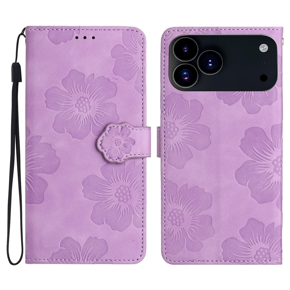 For iPhone 17 Pro Max Case Flower Design Leather Wallet Phone Cover with Wrist Strap - Purple