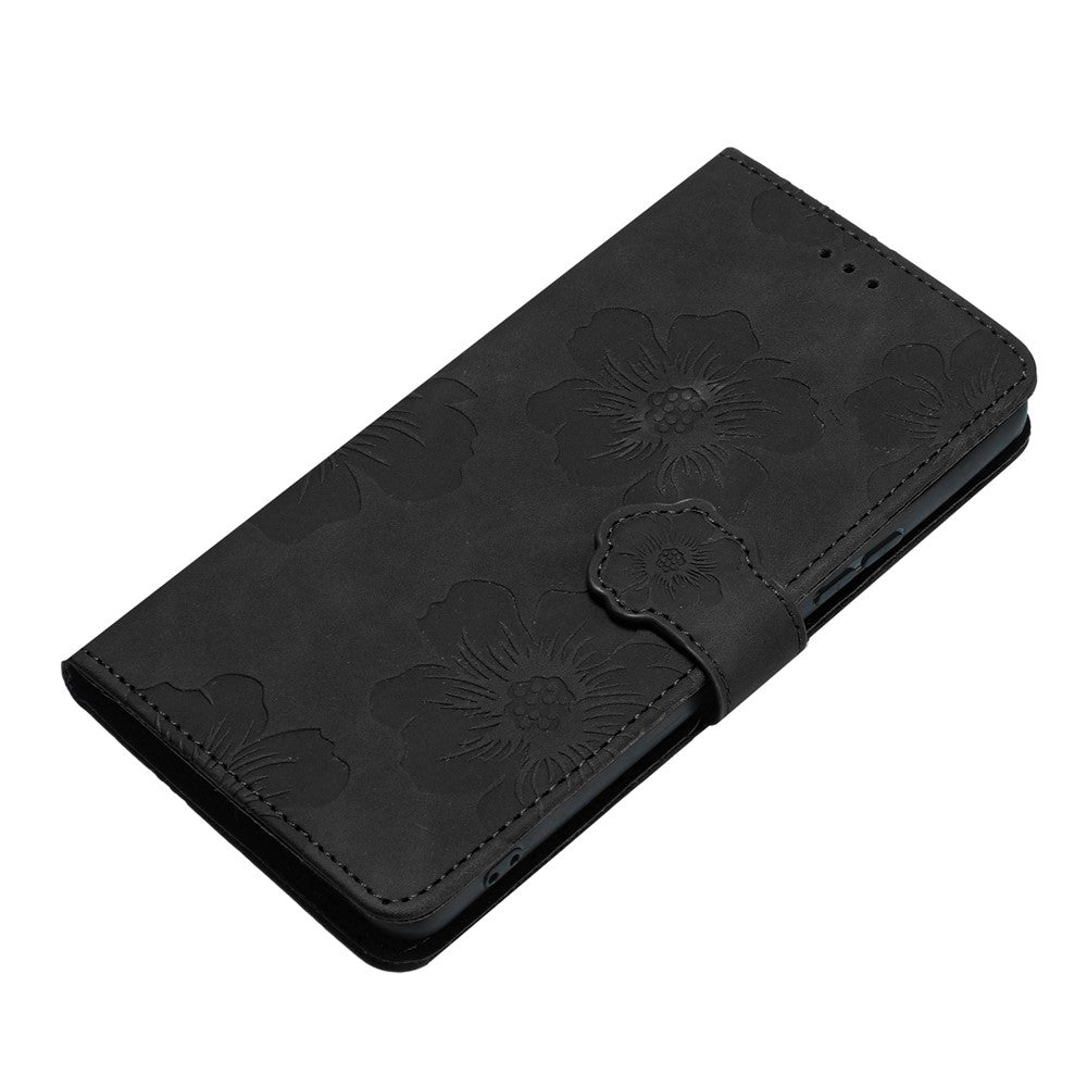 For iPhone 17 Pro Max Case Flower Design Leather Wallet Phone Cover with Wrist Strap - Black