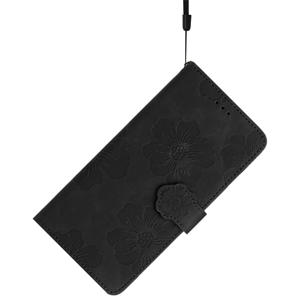 For iPhone 17 Pro Max Case Flower Design Leather Wallet Phone Cover with Wrist Strap - Black