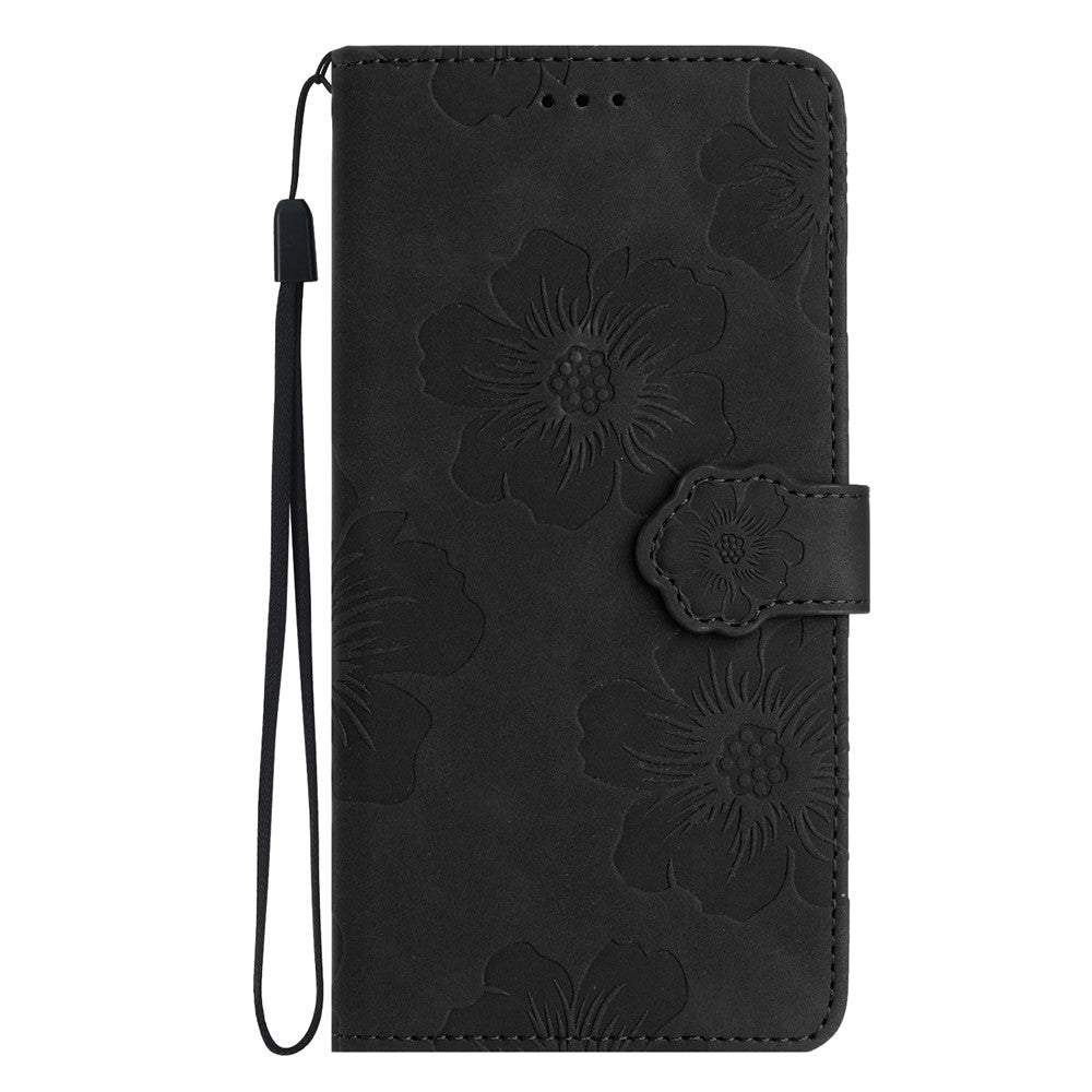 For iPhone 17 Pro Max Case Flower Design Leather Wallet Phone Cover with Wrist Strap - Black
