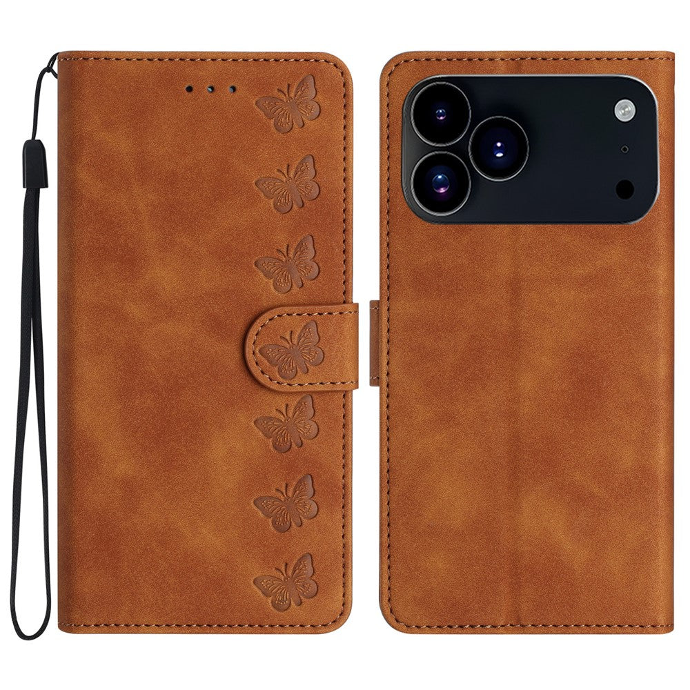 For iPhone 17 Pro Max Case Imprinted Butterfly Leather Wallet Phone Cover with Hand Strap - Brown