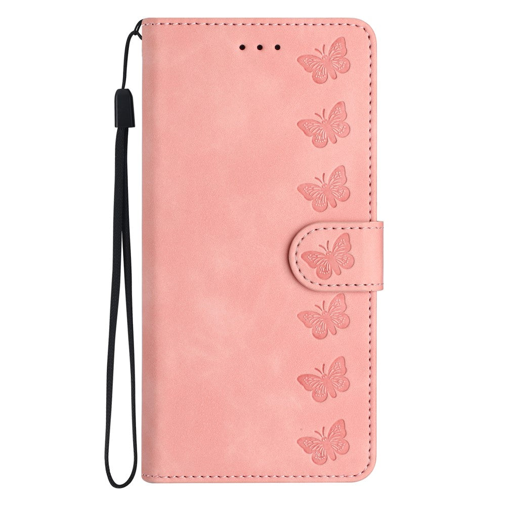 For iPhone 17 Pro Max Case Imprinted Butterfly Leather Wallet Phone Cover with Hand Strap - Pink