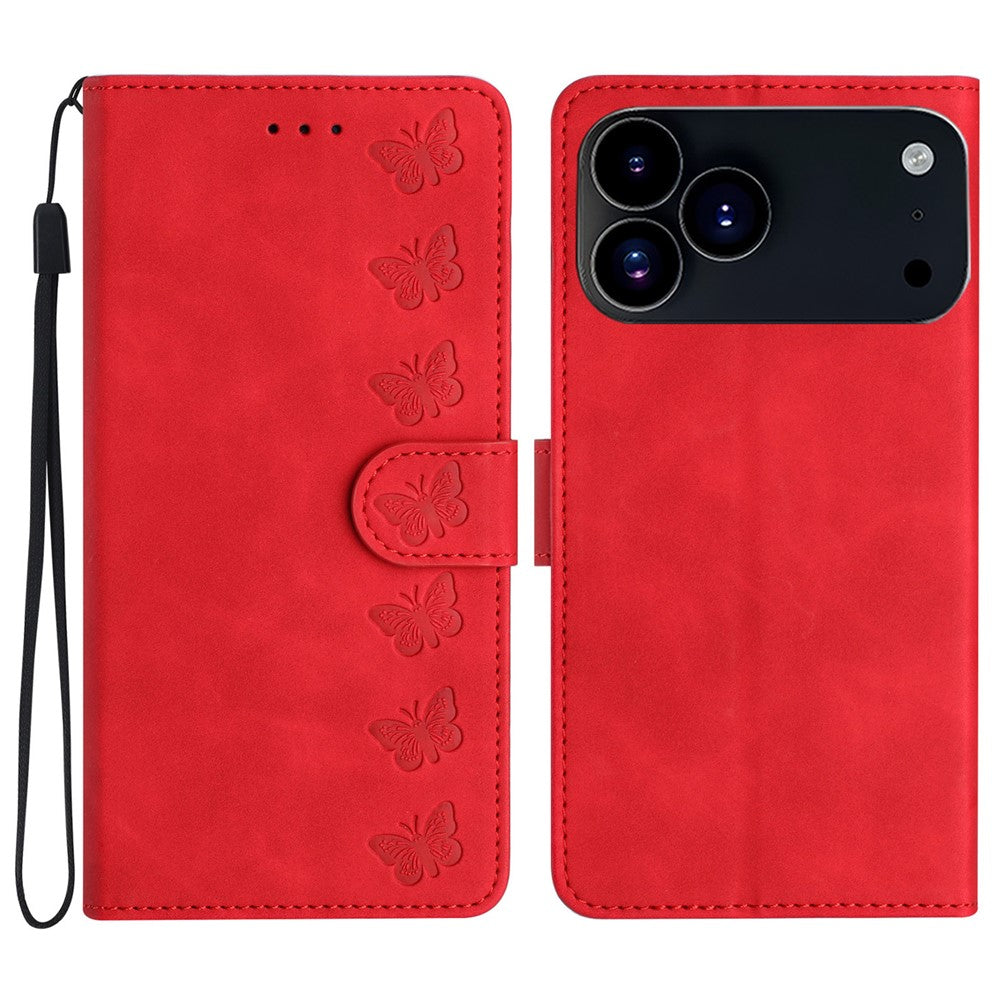 For iPhone 17 Pro Max Case Imprinted Butterfly Leather Wallet Phone Cover with Hand Strap - Red
