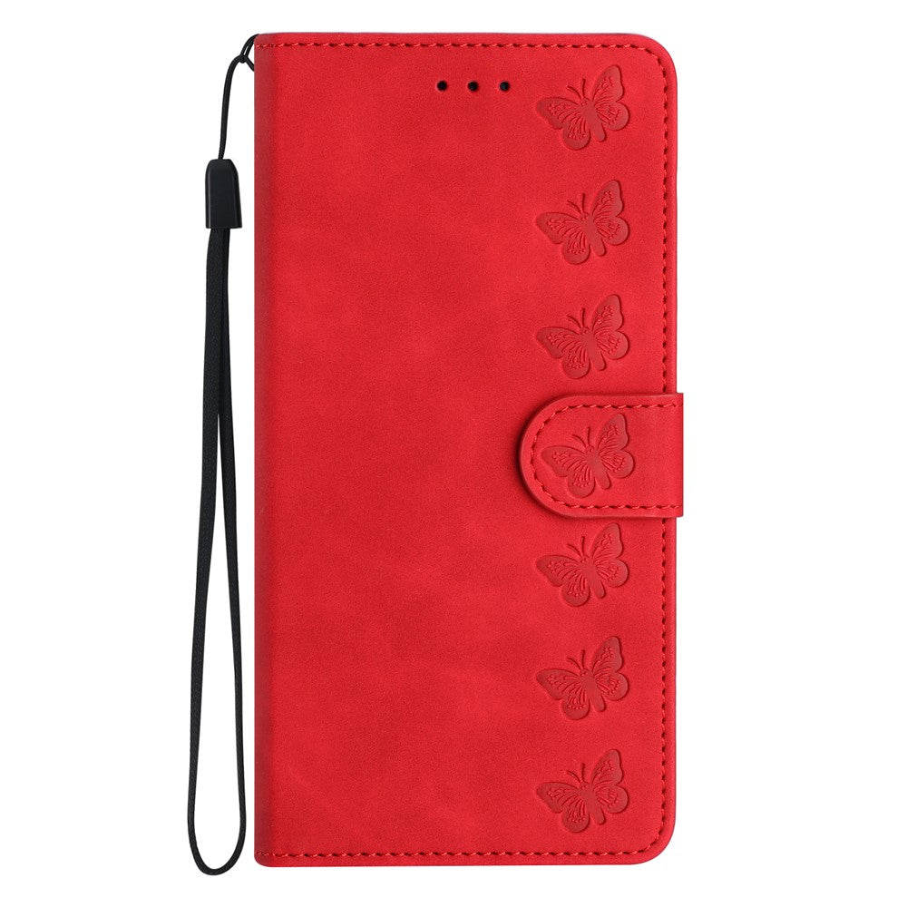 For iPhone 17 Pro Max Case Imprinted Butterfly Leather Wallet Phone Cover with Hand Strap - Red