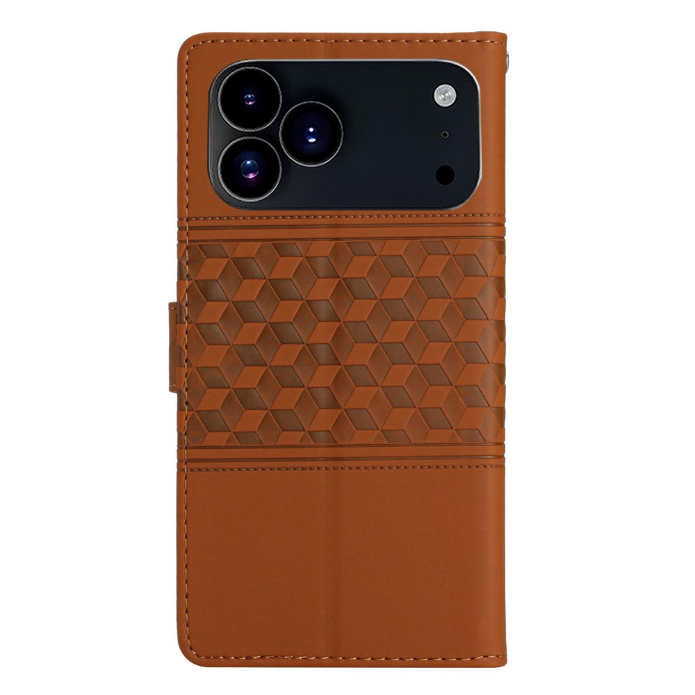 For iPhone 17 Pro Max Case Rhombus Leather Horizontal Flip Phone Cover with Wrist Strap - Brown