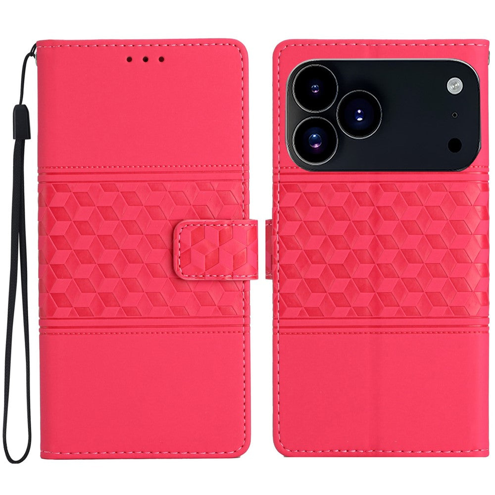For iPhone 17 Pro Max Case Rhombus Leather Horizontal Flip Phone Cover with Wrist Strap - Rose
