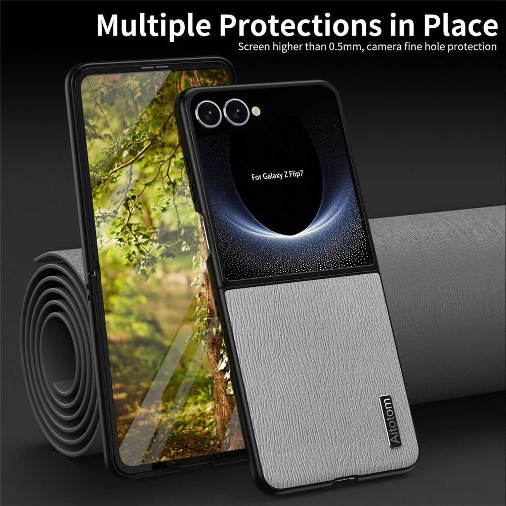 For Samsung Galaxy Z Flip7 5G Case Wood Texture PU Leather Coated PC TPU Phone Cover - Black