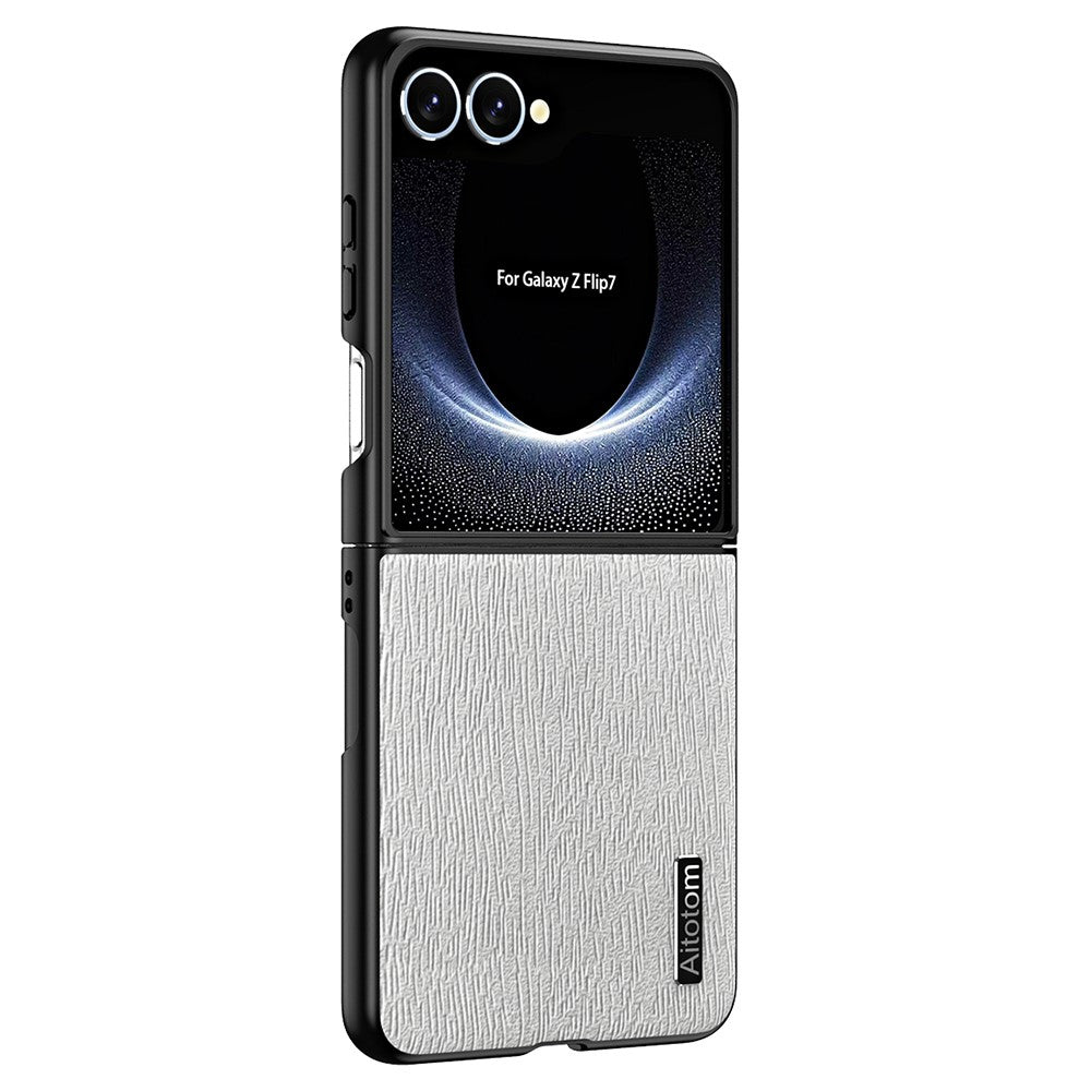 For Samsung Galaxy Z Flip7 5G Case Wood Texture PU Leather Coated PC TPU Phone Cover - Grey
