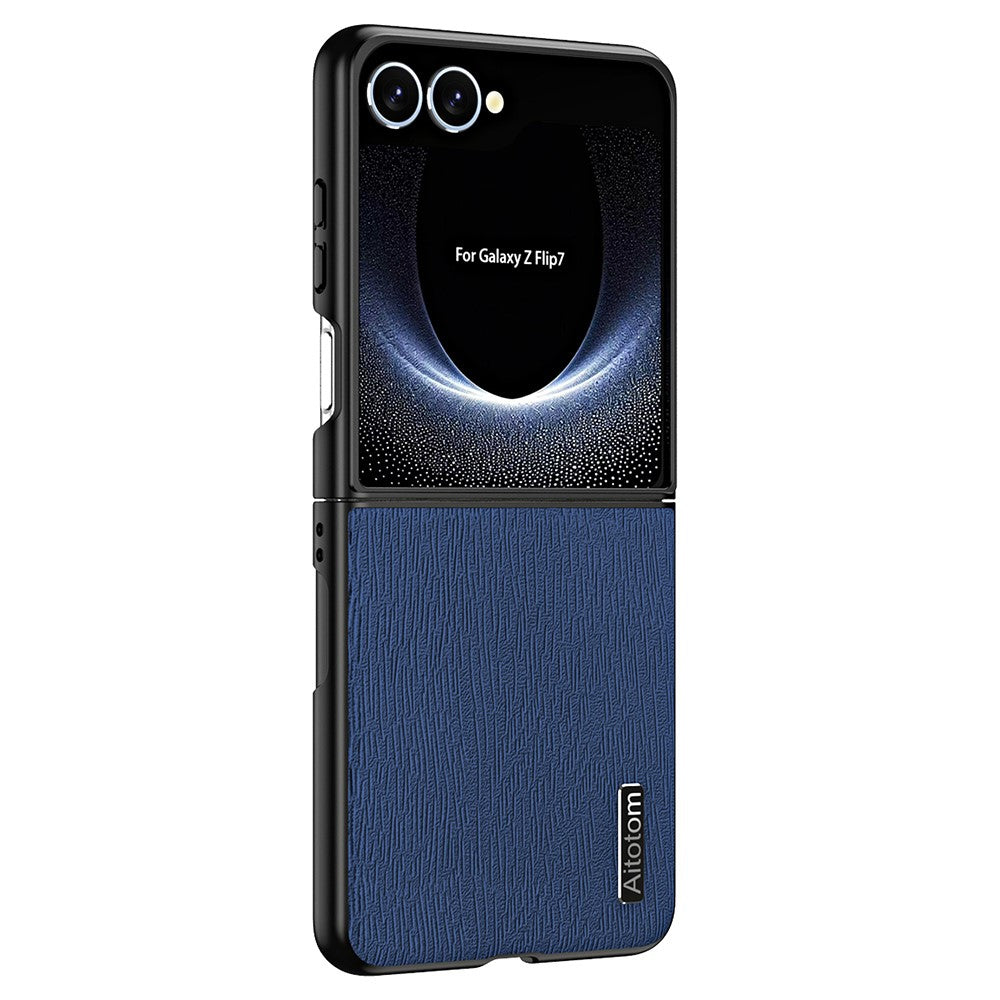 For Samsung Galaxy Z Flip7 5G Case Wood Texture PU Leather Coated PC TPU Phone Cover - Blue