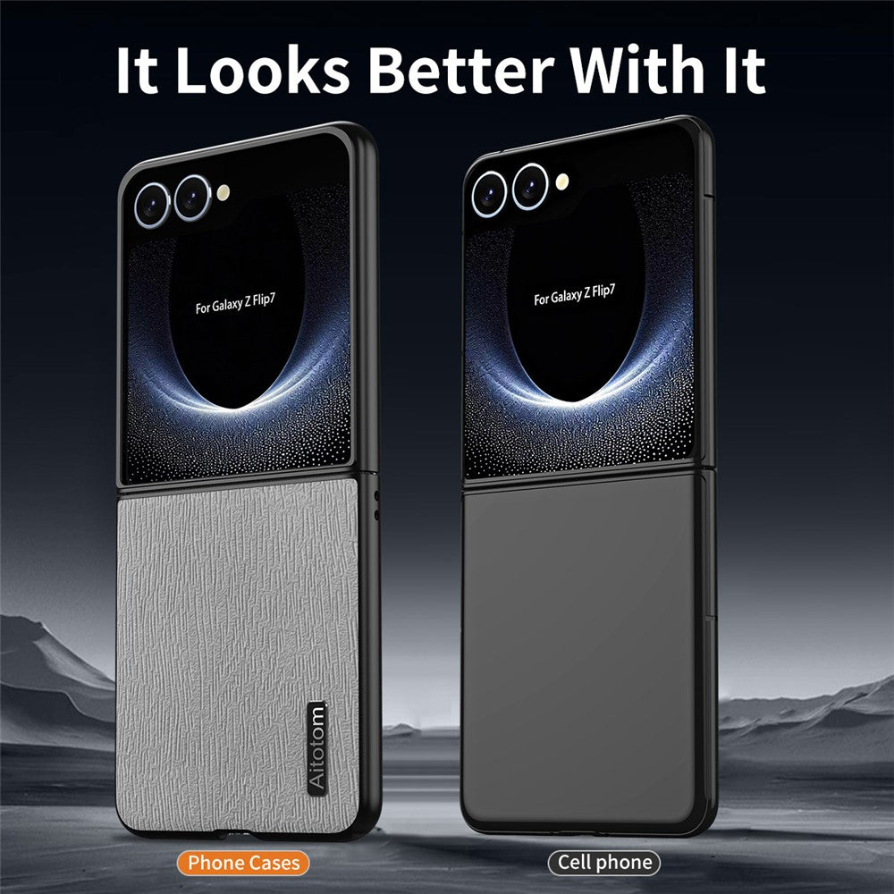 For Samsung Galaxy Z Flip7 5G Case Wood Texture PU Leather Coated PC TPU Phone Cover - Blue