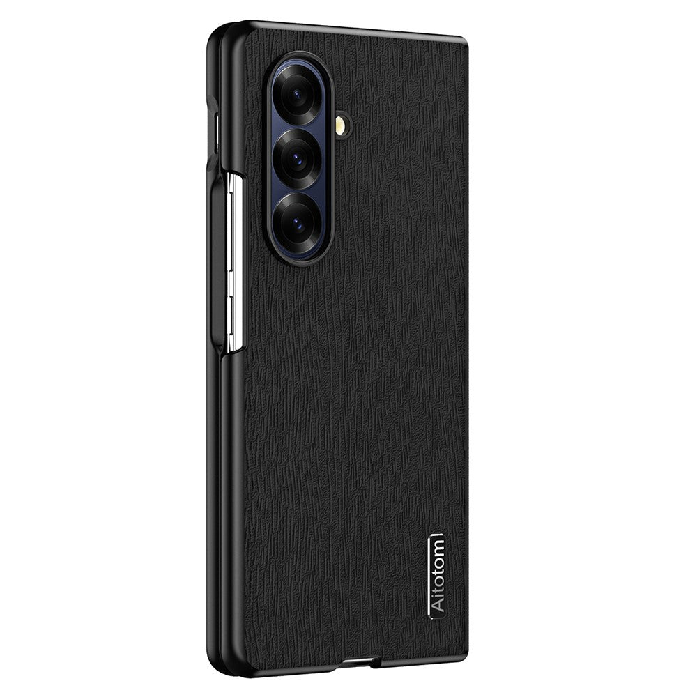For Samsung Galaxy Z Fold7 5G Case Wood Texture PU Leather Coated PC TPU Phone Cover - Black