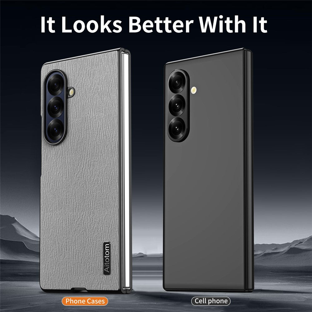 For Samsung Galaxy Z Fold7 5G Case Wood Texture PU Leather Coated PC TPU Phone Cover - Black