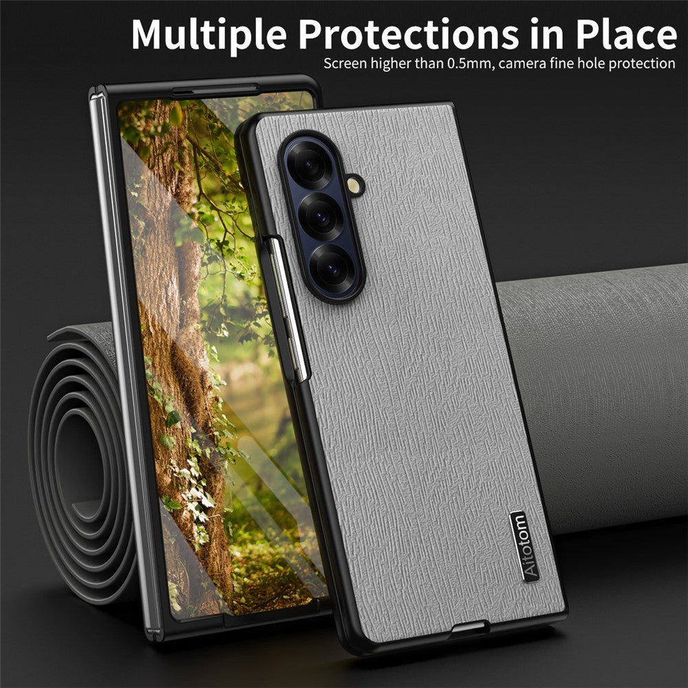 For Samsung Galaxy Z Fold7 5G Case Wood Texture PU Leather Coated PC TPU Phone Cover - Black