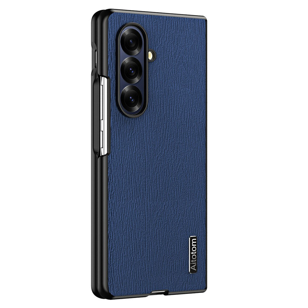 For Samsung Galaxy Z Fold7 5G Case Wood Texture PU Leather Coated PC TPU Phone Cover - Blue