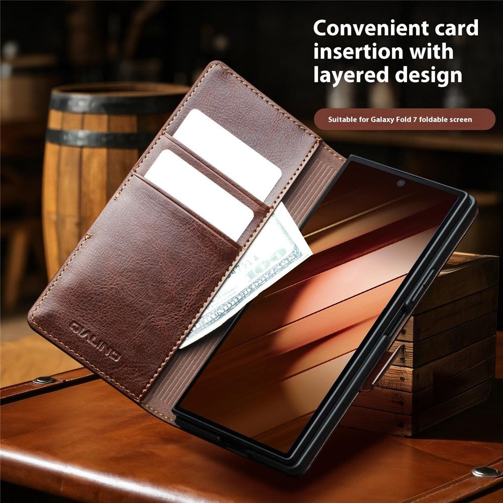 QIALINO For Samsung Galaxy Z Fold7 5G Case with Card Holder Genuine Cow Leather Stand Phone Cover - Brown