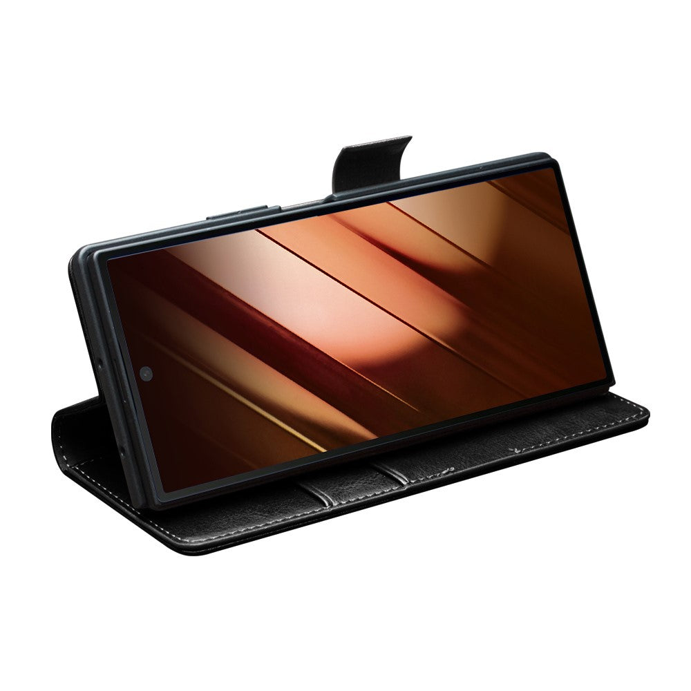 QIALINO For Samsung Galaxy Z Fold7 5G Case with Card Holder Genuine Cow Leather Stand Phone Cover - Black