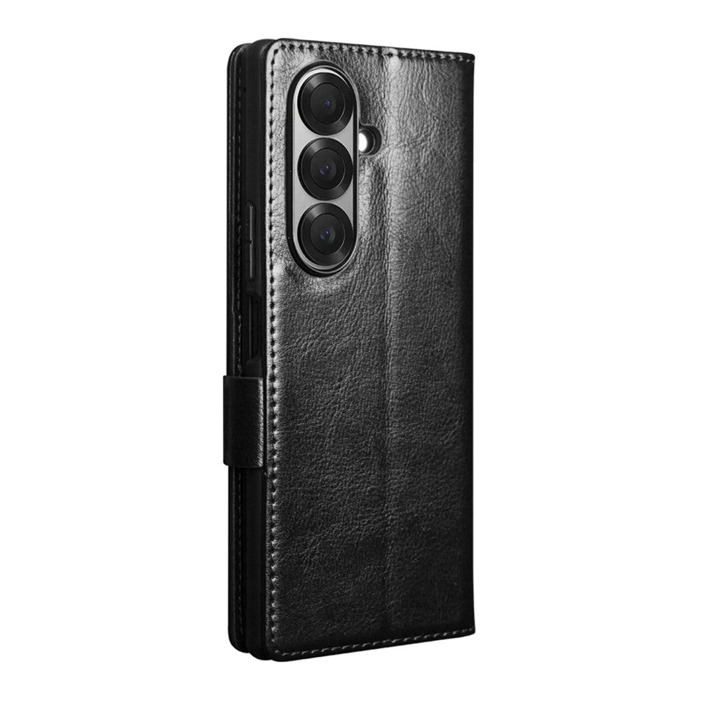 QIALINO For Samsung Galaxy Z Fold7 5G Case with Card Holder Genuine Cow Leather Stand Phone Cover - Black