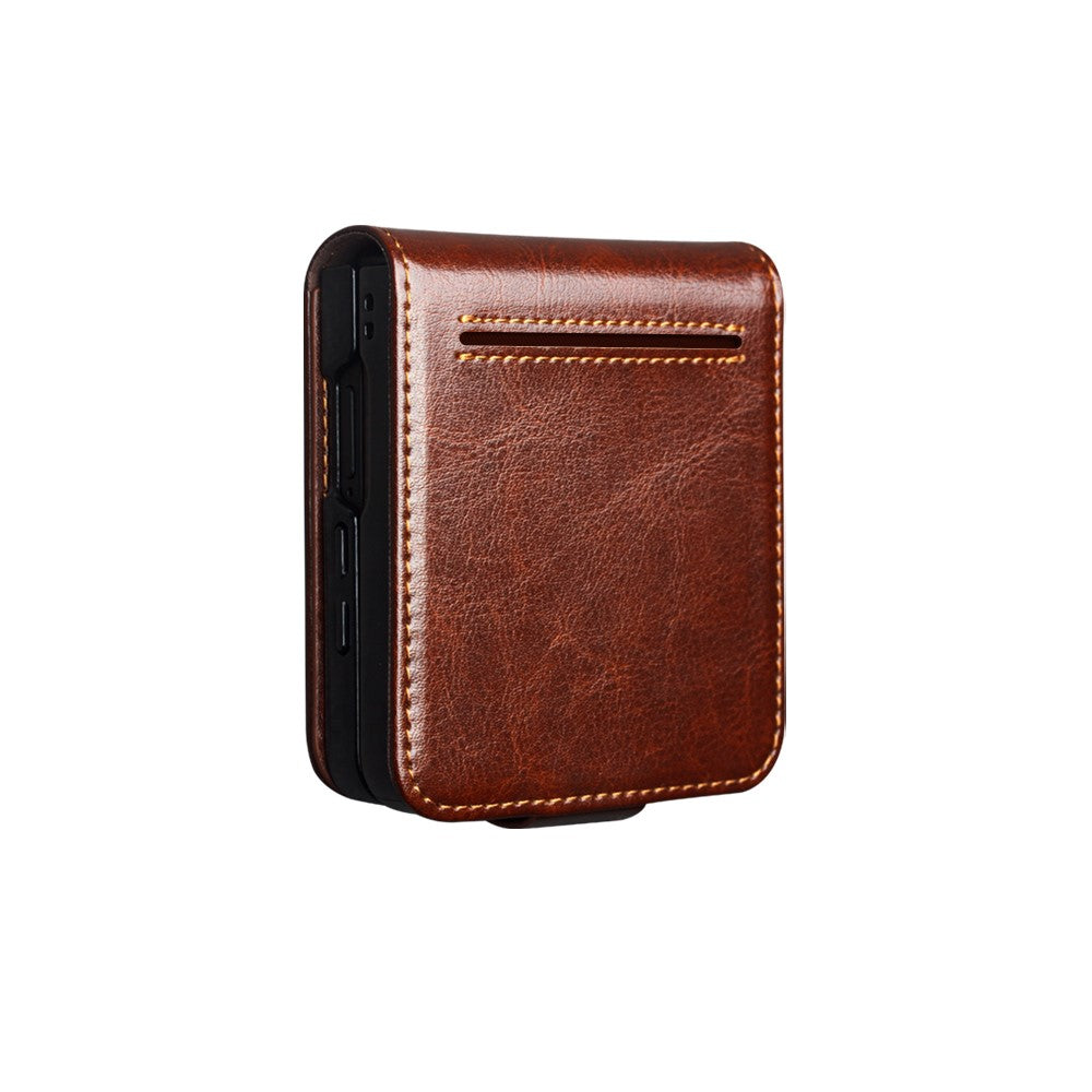 QIALINO For Samsung Galaxy Z Flip7 5G Case with Card Holder Genuine Cow Leather Stand Phone Cover - Brown
