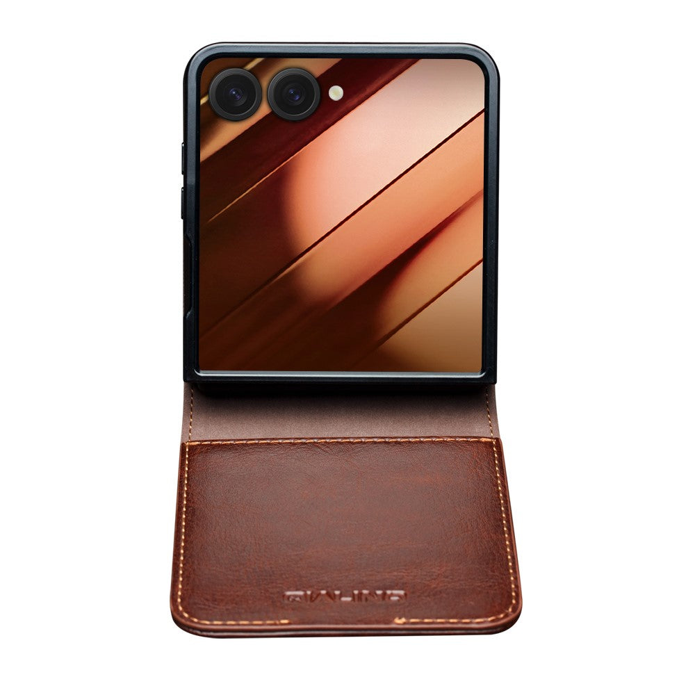 QIALINO For Samsung Galaxy Z Flip7 5G Case with Card Holder Genuine Cow Leather Stand Phone Cover - Brown