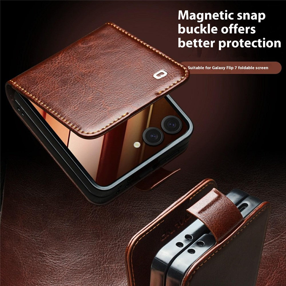 QIALINO For Samsung Galaxy Z Flip7 5G Case with Card Holder Genuine Cow Leather Stand Phone Cover - Brown