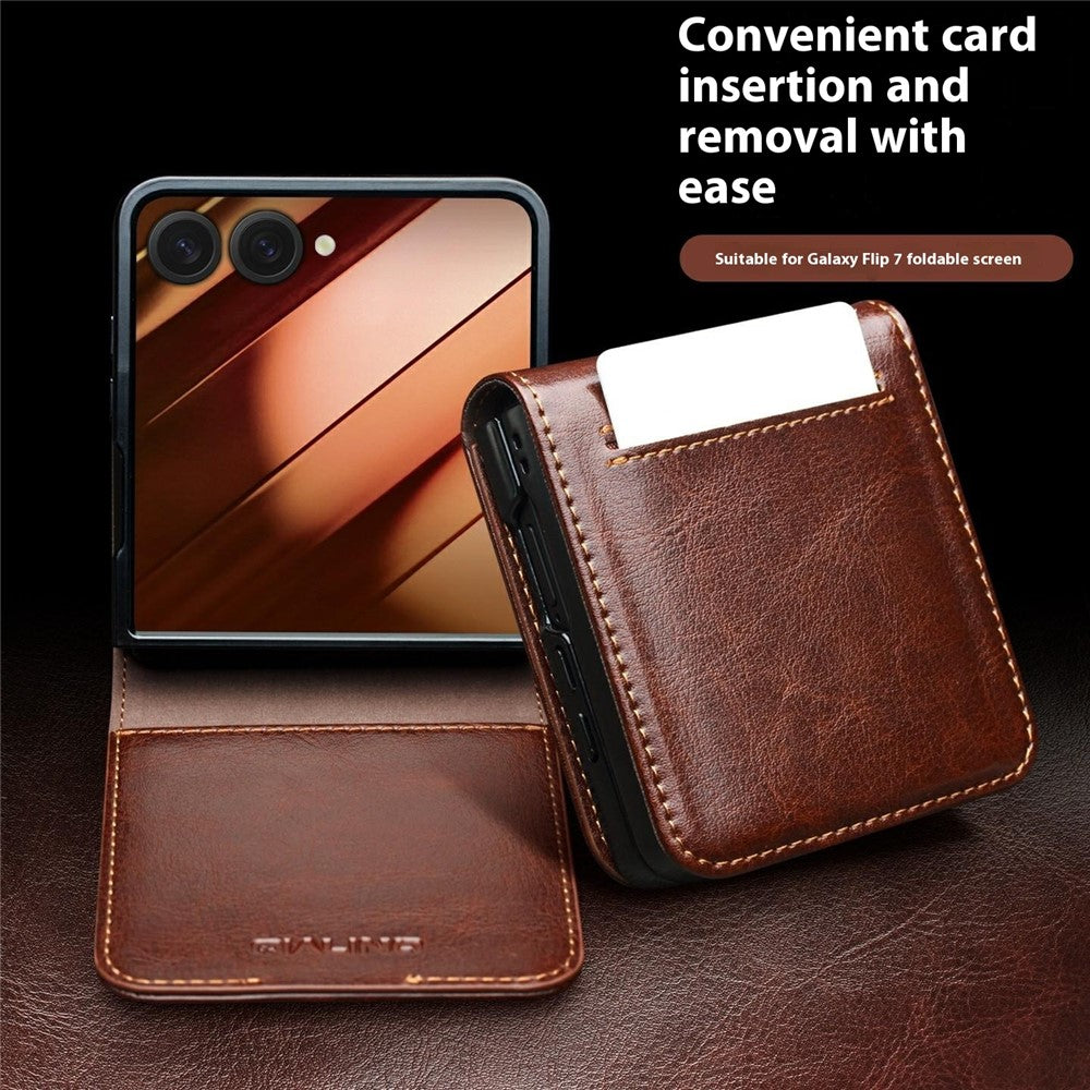 QIALINO For Samsung Galaxy Z Flip7 5G Case with Card Holder Genuine Cow Leather Stand Phone Cover - Brown