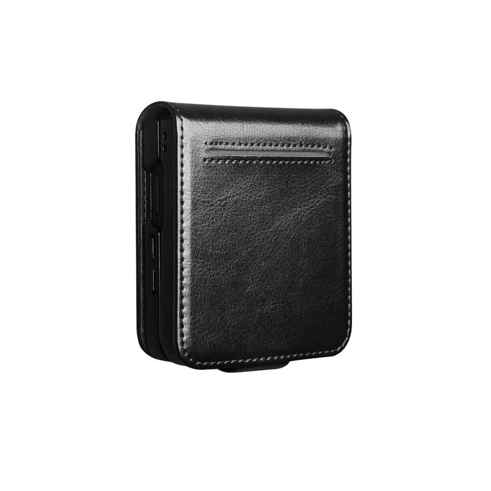 QIALINO For Samsung Galaxy Z Flip7 5G Case with Card Holder Genuine Cow Leather Stand Phone Cover - Black
