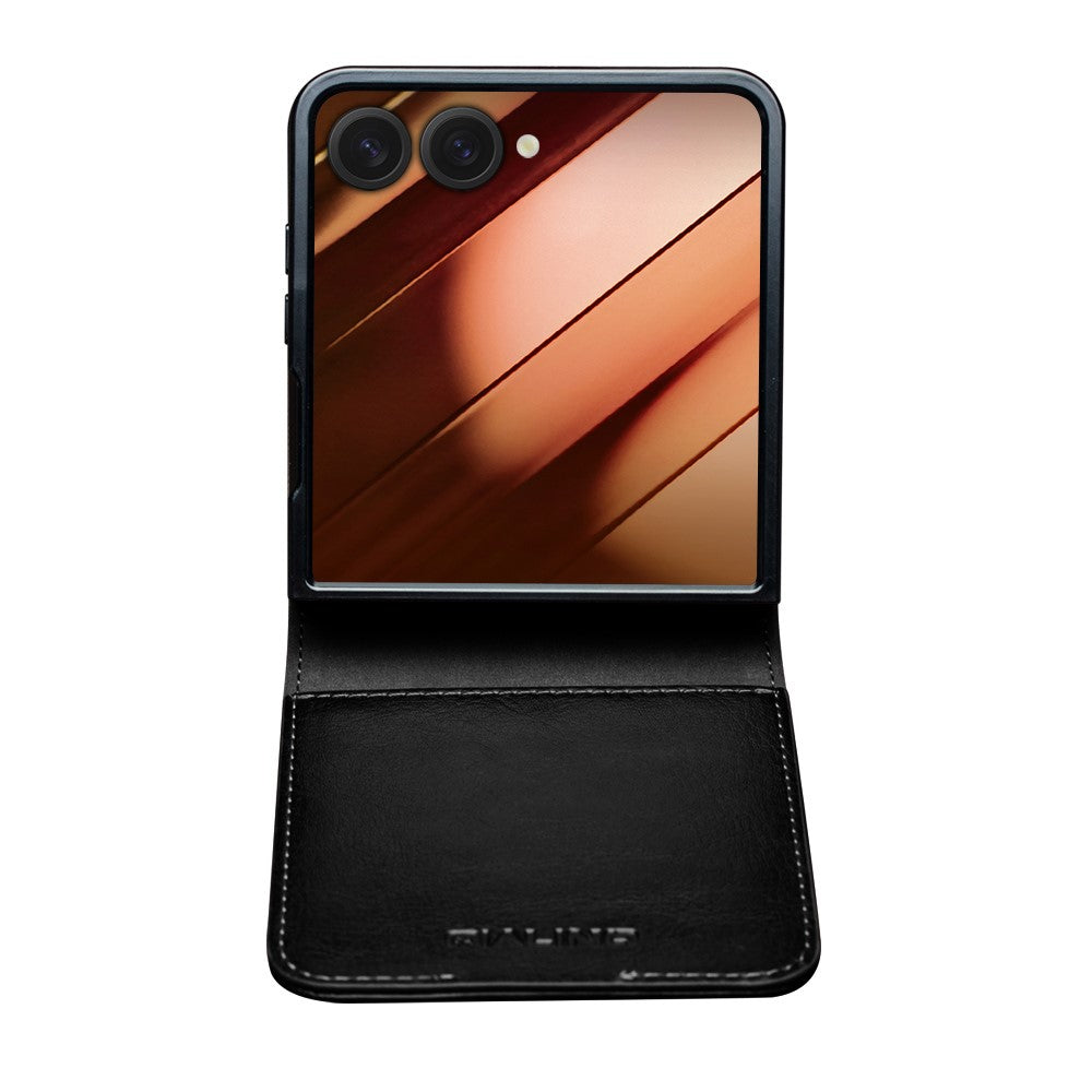 QIALINO For Samsung Galaxy Z Flip7 5G Case with Card Holder Genuine Cow Leather Stand Phone Cover - Black