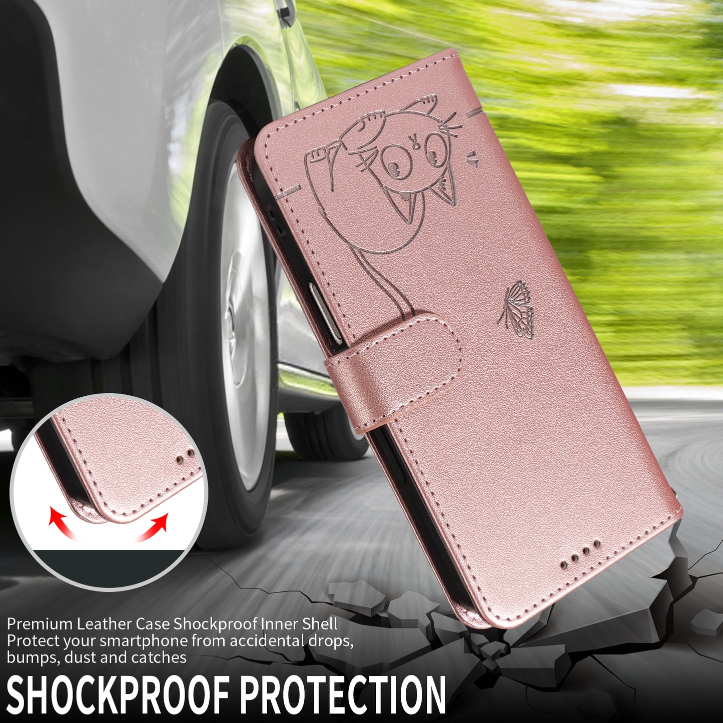 For iPhone 17 Pro Max Case Cat Pattern Imprint Leather Phone Cover with Wrist Strap - Rose Gold