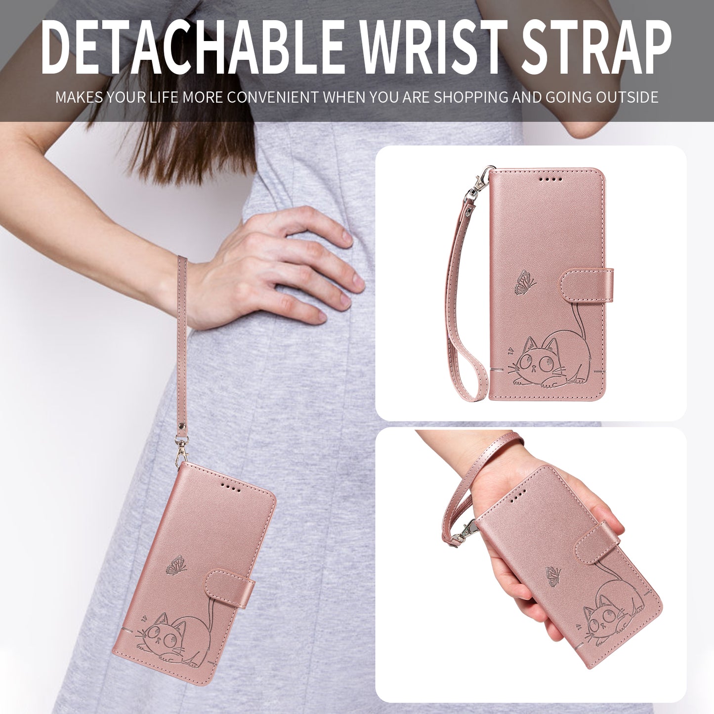 For iPhone 17 Pro Max Case Cat Pattern Imprint Leather Phone Cover with Wrist Strap - Rose Gold