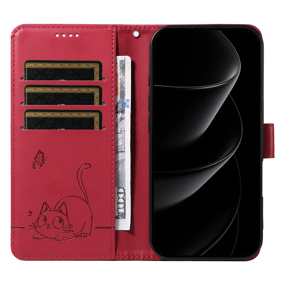 For iPhone 17 Pro Max Case Cat Pattern Imprint Leather Phone Cover with Wrist Strap - Red