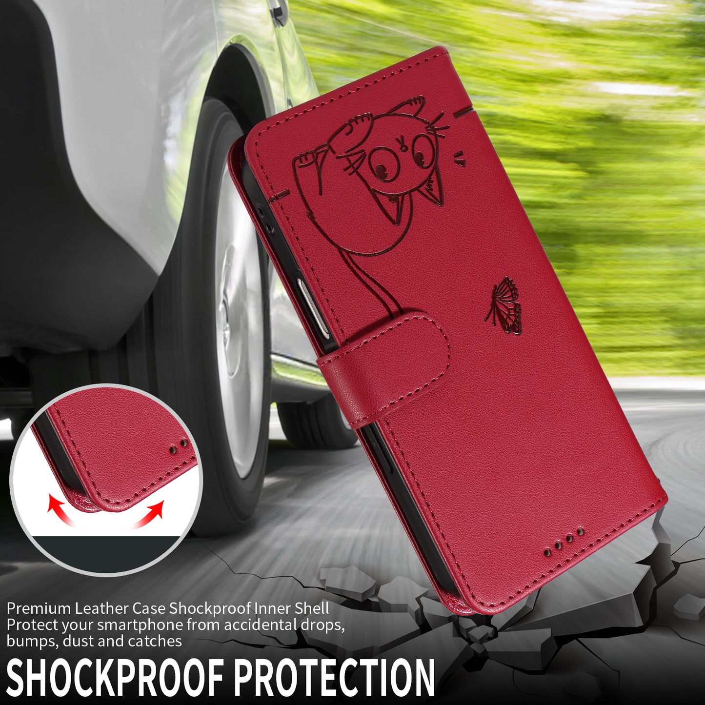 For iPhone 17 Pro Max Case Cat Pattern Imprint Leather Phone Cover with Wrist Strap - Red